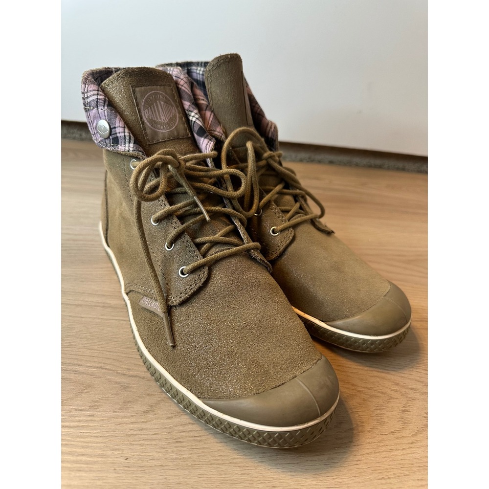 Palladium‎ Slim Snaps boots Lea olive green plaid lining size 8 women's